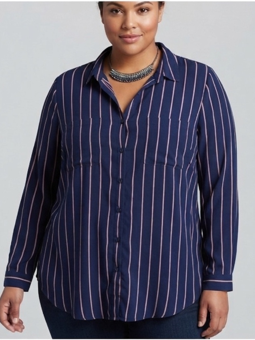 😍CLEARANCE - REITMANS Navy Blue White Red Striped Button Front Shirt XXL